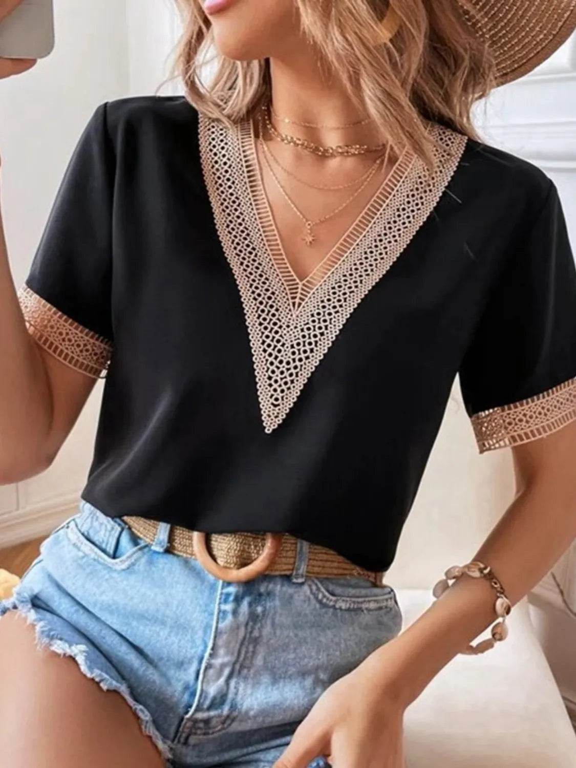 Full Size V-Neck Short Sleeve Blouse Plus Size - StyleLure
