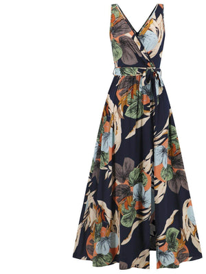 Slit Tied Printed Surplice Dress - StyleLure