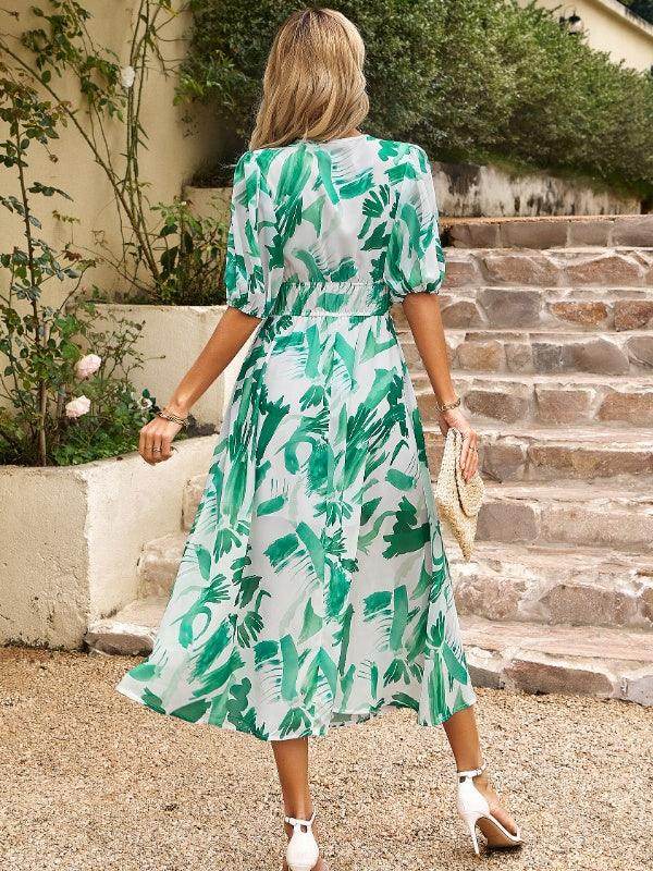 Devine Smocked Printed V-Neck Half Sleeve Midi Dress - StyleLure