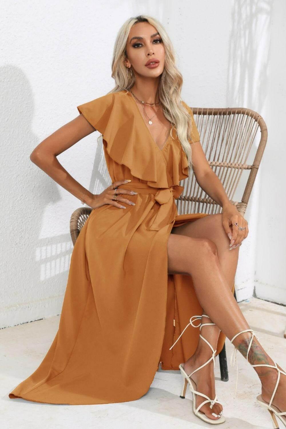 Ruffled Tied V-Neck Midi Dress - StyleLure