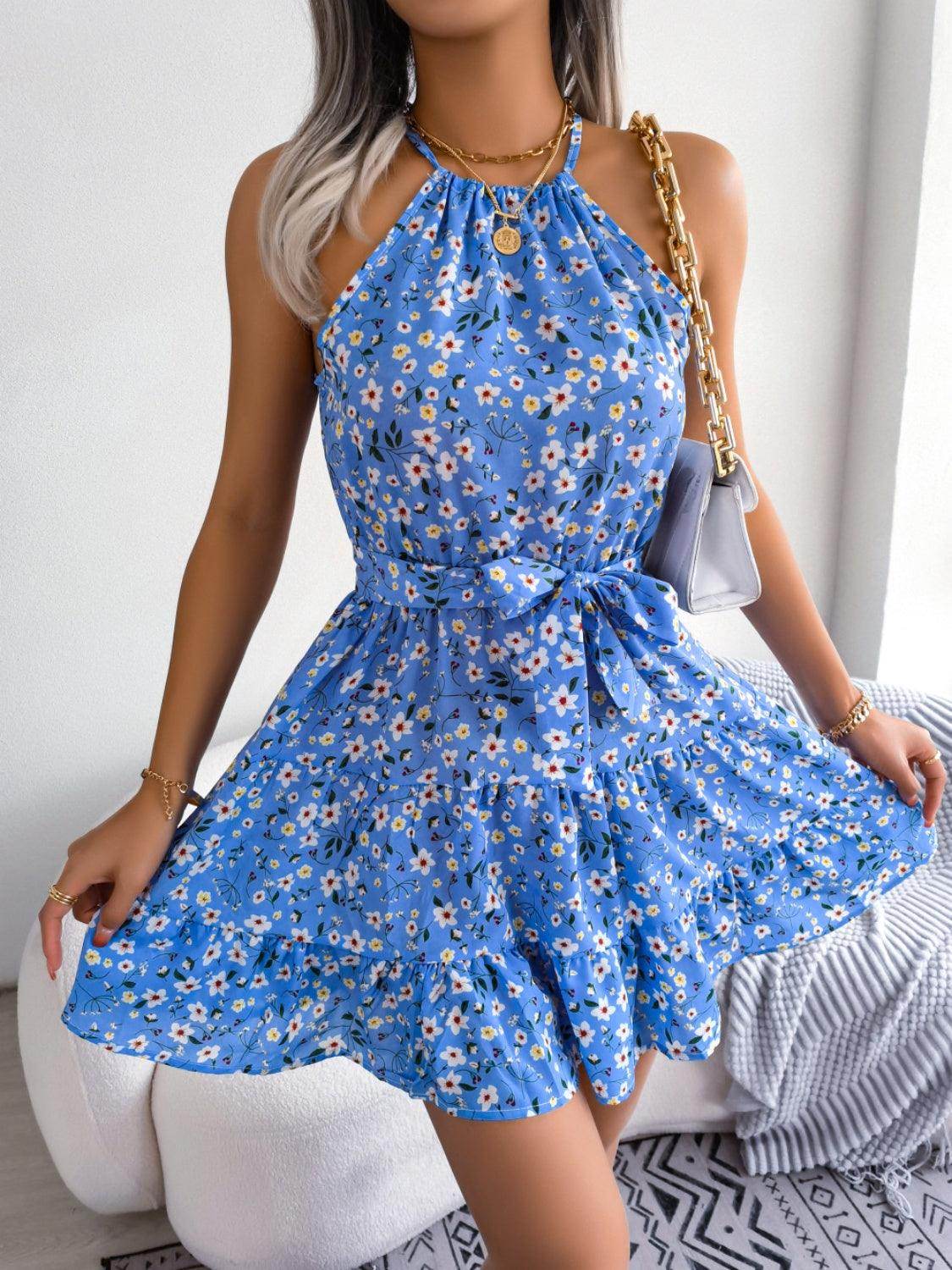 Tied Printed Grecian Neck Mini Dress - StyleLure