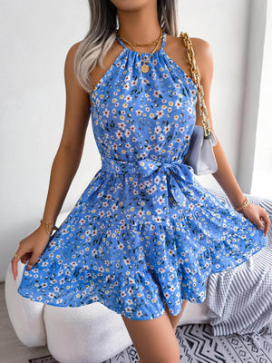 Tied Printed Grecian Neck Mini Dress - StyleLure