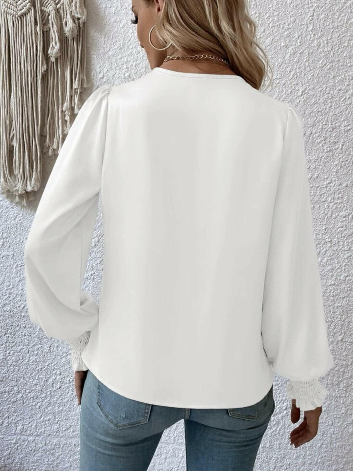 Surplice Smocked Lantern Sleeve Blouse - StyleLure