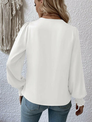 Surplice Smocked Lantern Sleeve Blouse - StyleLure