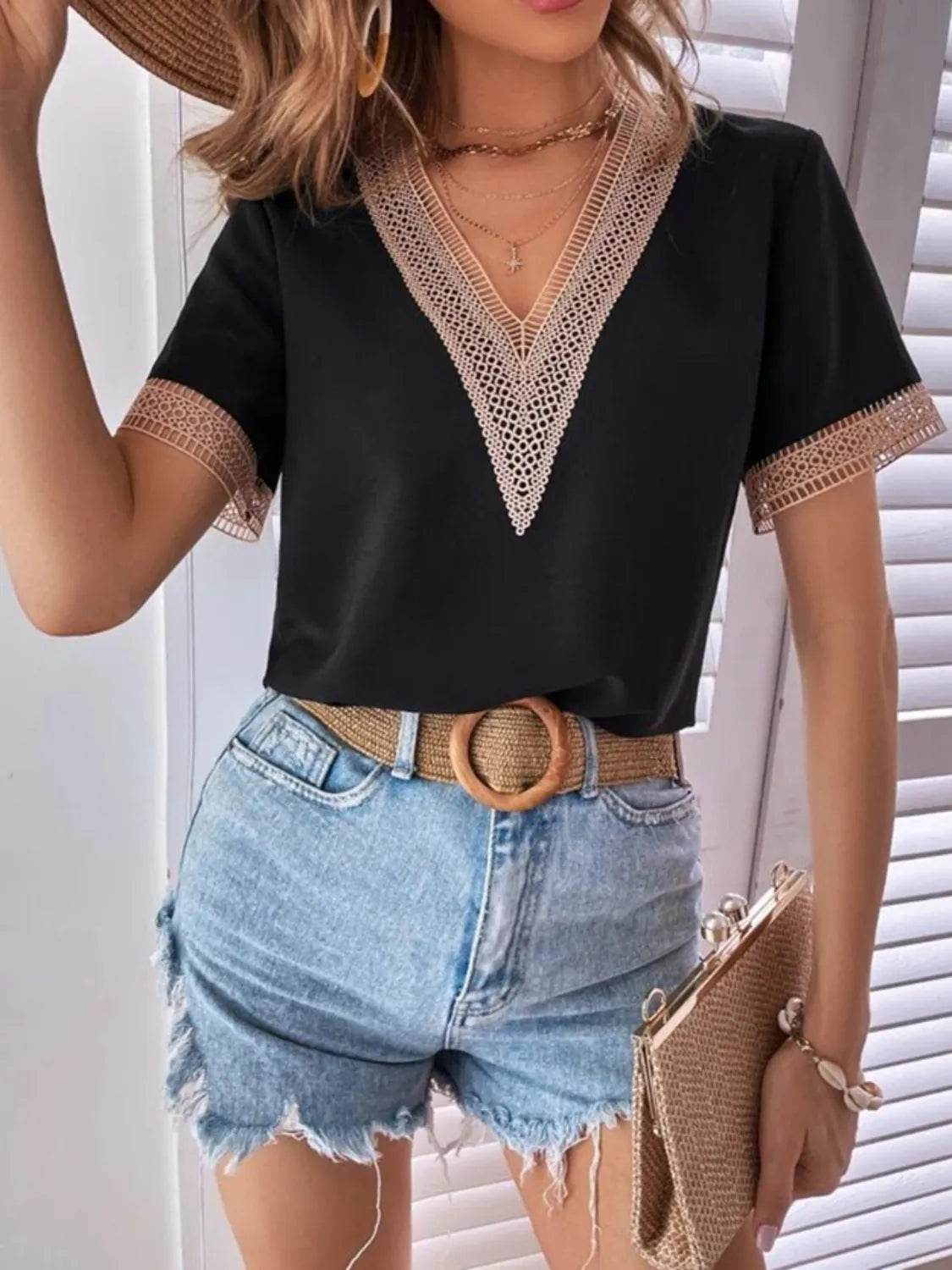 Full Size V-Neck Short Sleeve Blouse Plus Size - StyleLure