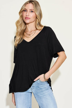 Basic Bae Full Size Bamboo Slit V-Neck Short Sleeve T-Shirt - StyleLure
