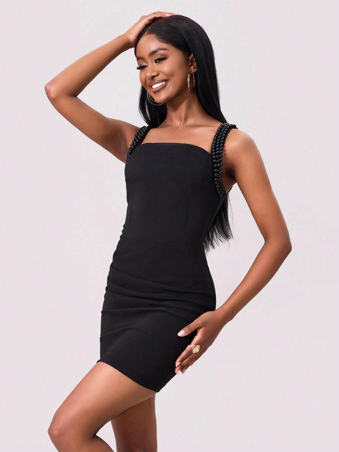 Bead Trim Wide Strap Wrap Dress - StyleLure