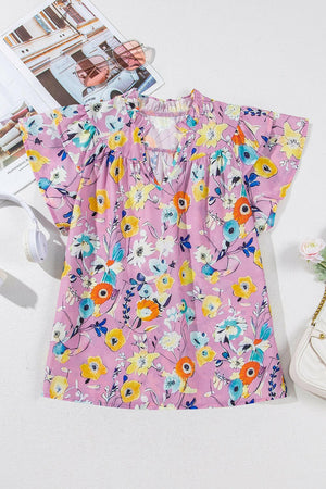 Printed Notched Double Layered Ruffle Sleeve Blouse - StyleLure
