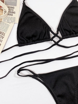 Halter Neck Crisscross Ribbed Bikini Set - StyleLure