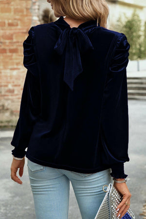 Tie Up Mock Neck Velvet Fabric Long Sleeve Blouse - StyleLure