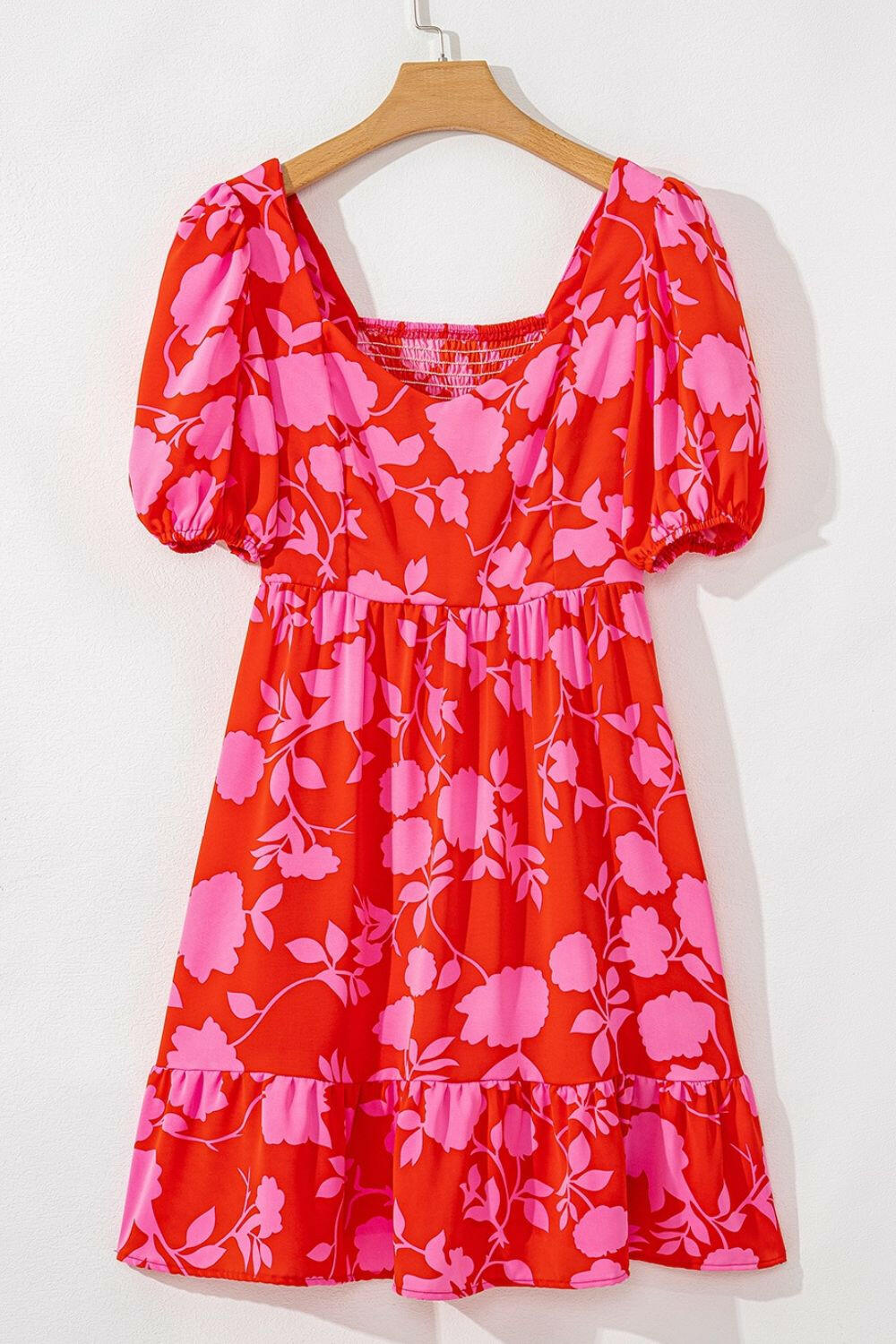 Floral Puff Sleeve Sweetheart Neck Ruffled Mini Dress - StyleLure
