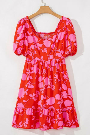 Floral Puff Sleeve Sweetheart Neck Ruffled Mini Dress - StyleLure