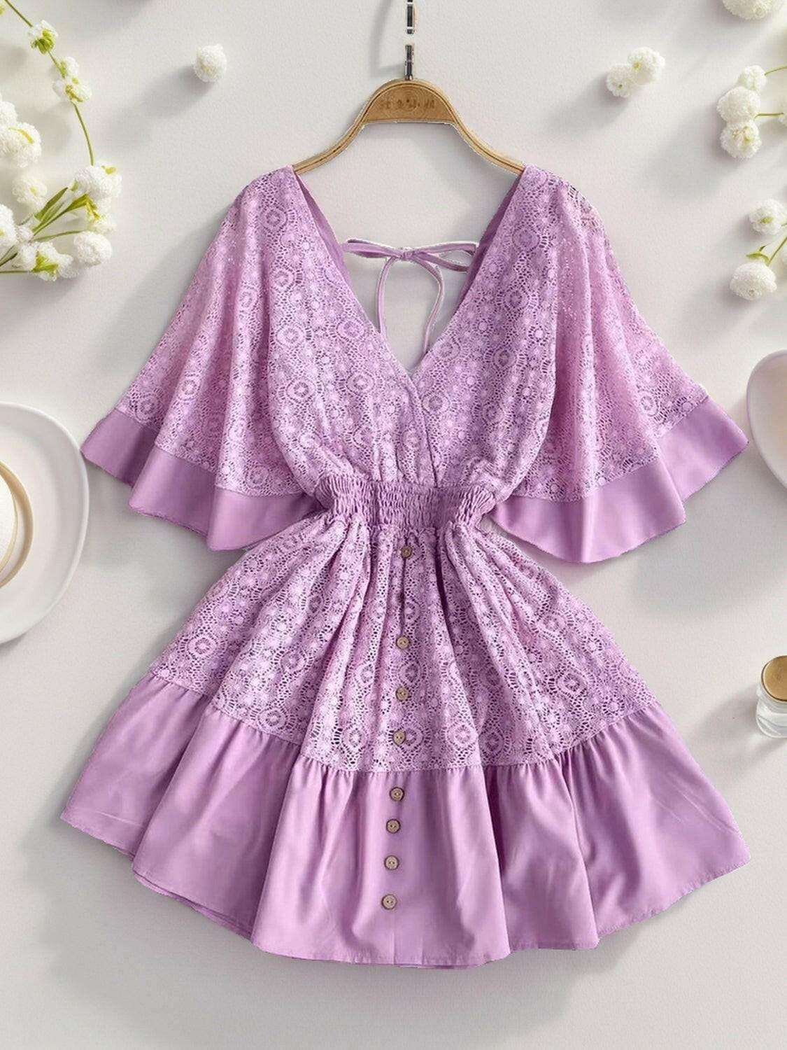 Ruffle Hem Tie Back Lace Mini Dress - StyleLure