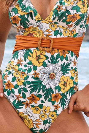 Ruffled Plunge Floral One-Piece Swimwear - StyleLure