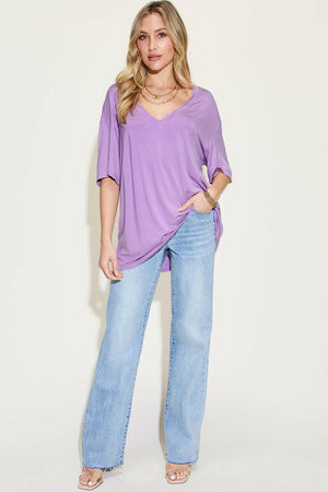 Basic Bae Full Size Bamboo V-Neck Drop Shoulder T-Shirt - StyleLure