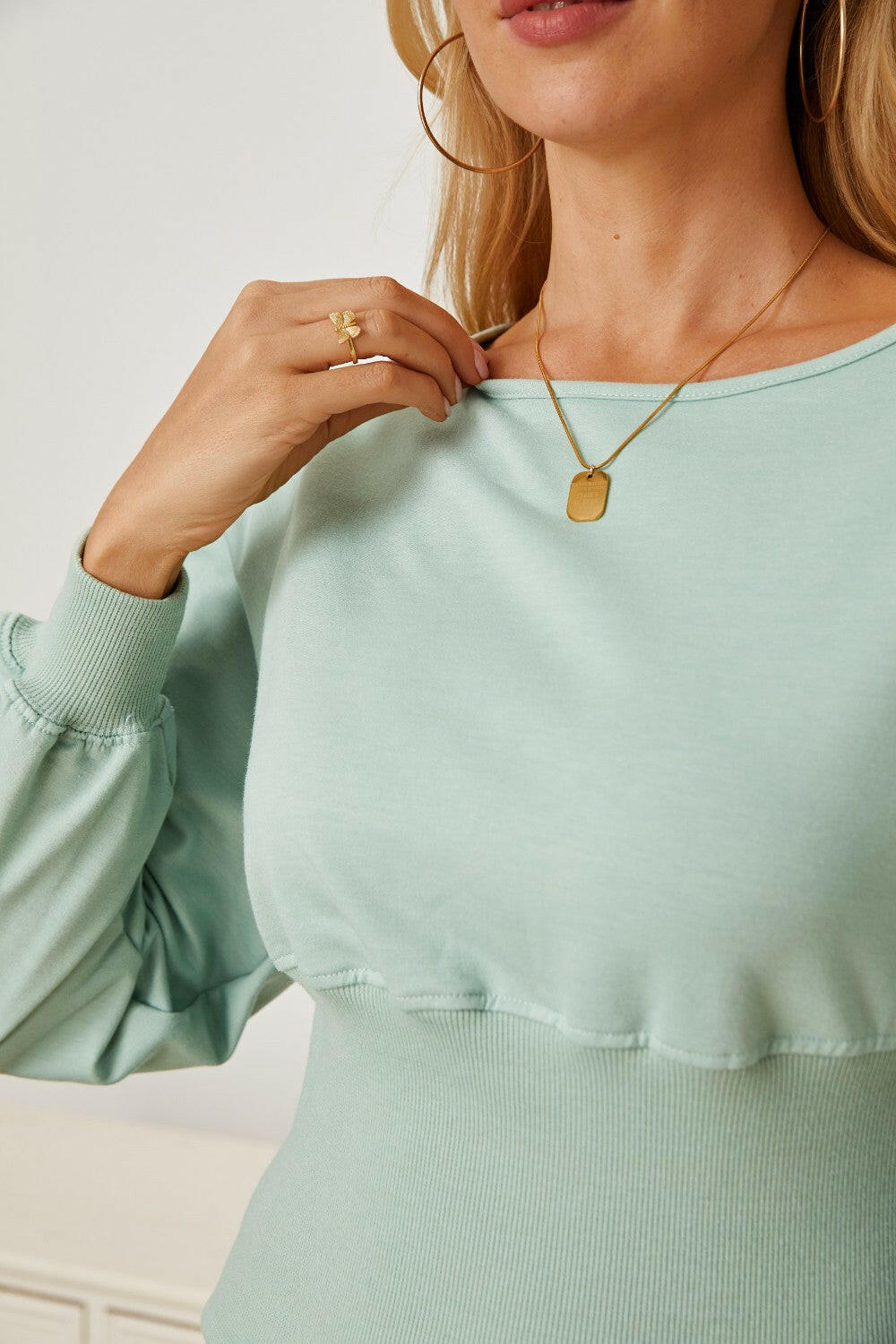 Boat Neck Lantern Sleeve Blouse - StyleLure