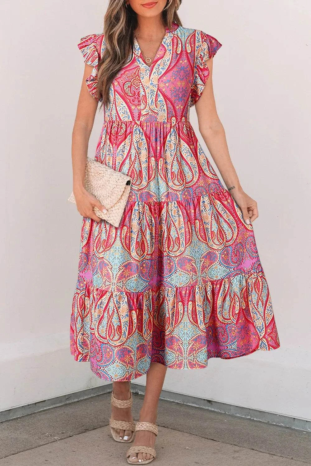 Tribal Paisley Print midi dress with ruffled sleeves and notch neck in vibrant colors