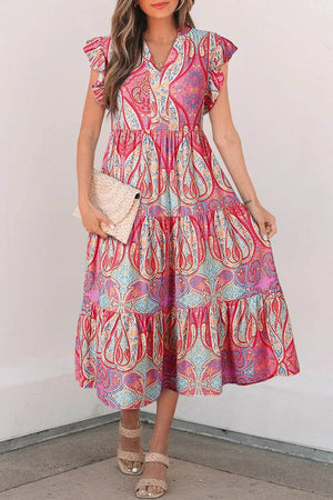 Tribal Paisley Print midi dress with ruffled sleeves and notch neck in vibrant colors