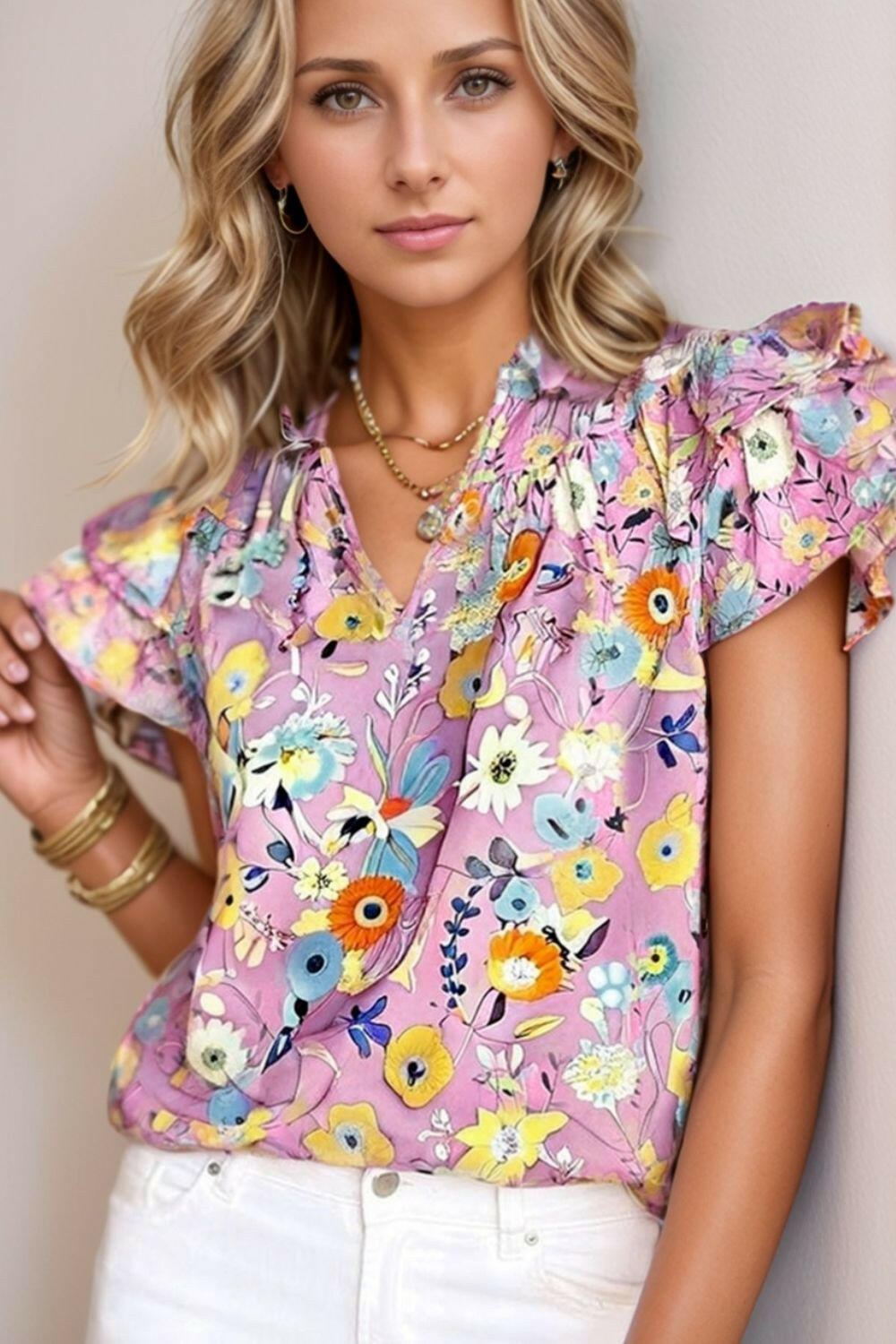 Printed Notched Double Layered Ruffle Sleeve Blouse - StyleLure