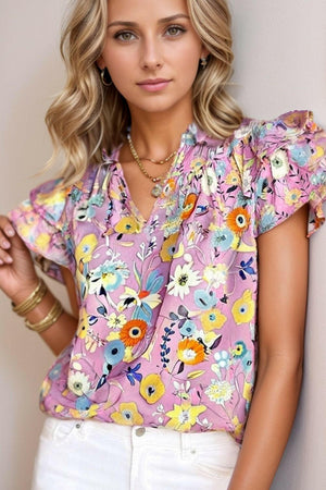 Printed Notched Double Layered Ruffle Sleeve Blouse - StyleLure
