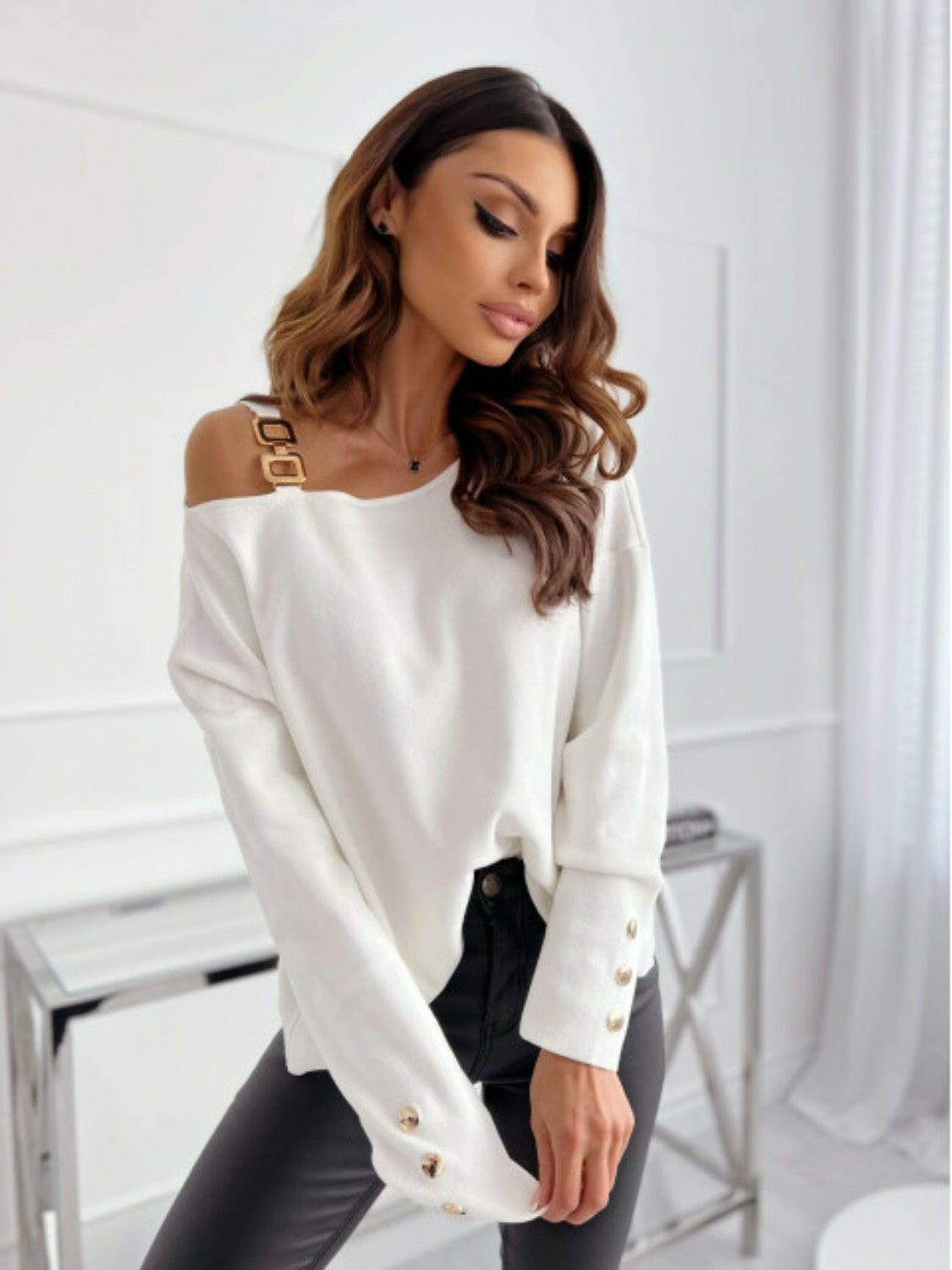 Asymmetrical Neck Buttoned Top - StyleLure