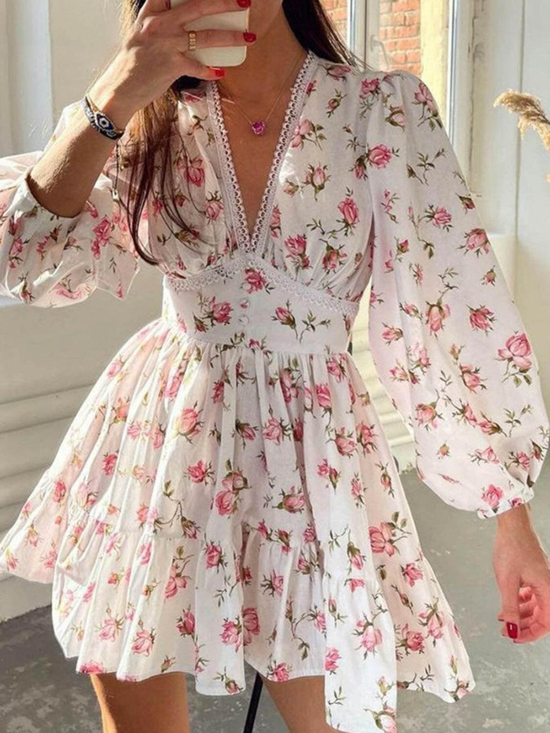 Lace Detail V-Neck Balloon Sleeve Dress - StyleLure