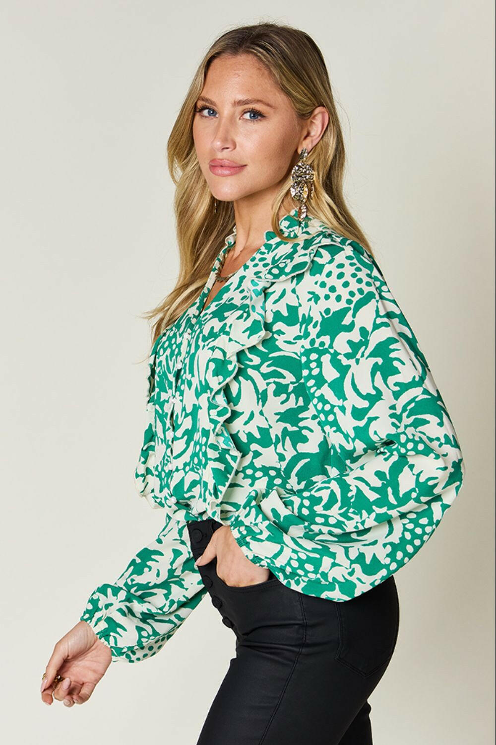 Double Take Full Size Printed Ruffle Trim Balloon Sleeve Shirt - StyleLure