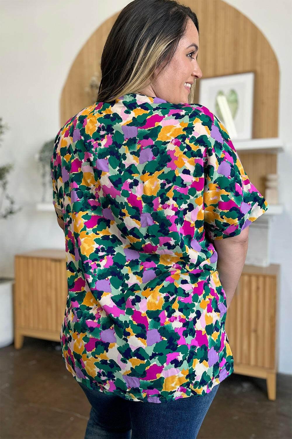 Double Take Full Size Printed V-Neck Short Sleeve Side Slit Top - StyleLure