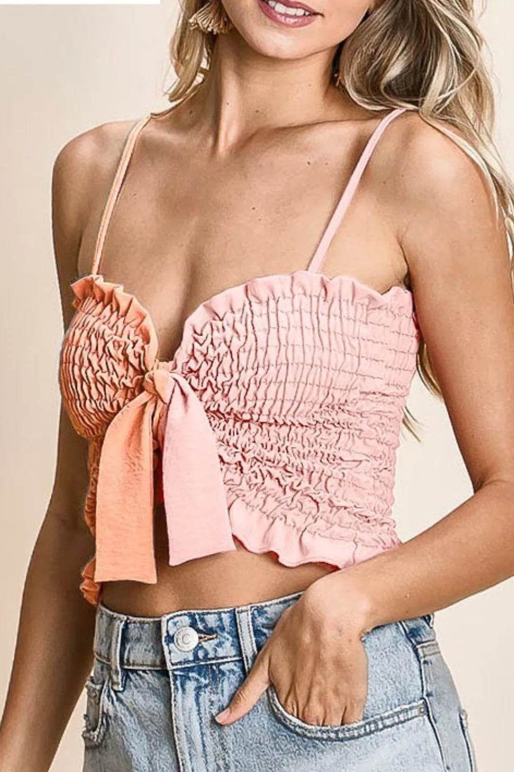 BiBi Woven Color Block Smocked with Ribbon Bra Top - StyleLure