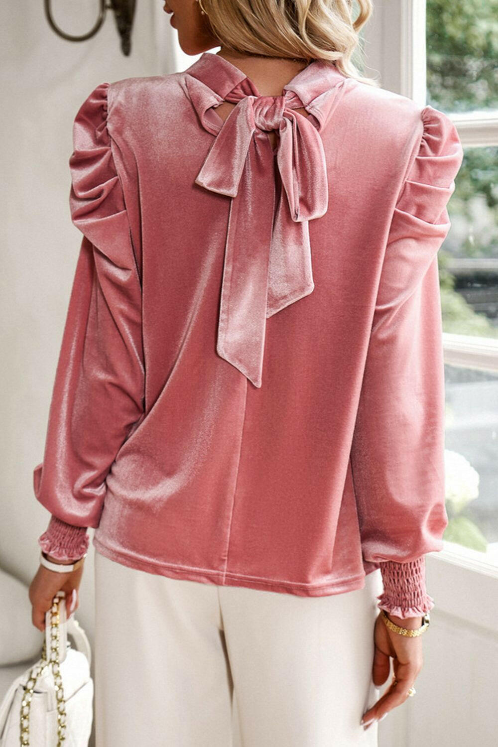 Tie Up Mock Neck Velvet Fabric Long Sleeve Blouse - StyleLure