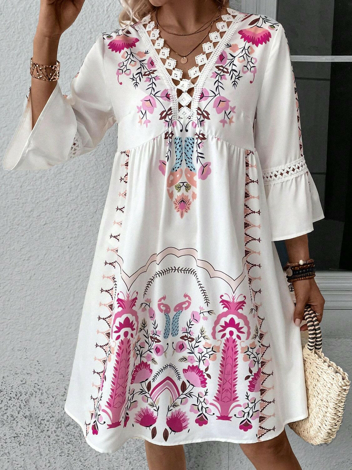Lace Detail Printed Three-Quarter Sleeve Dress - StyleLure