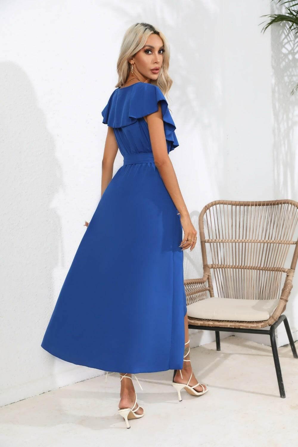 Ruffled Tied V-Neck Midi Dress - StyleLure