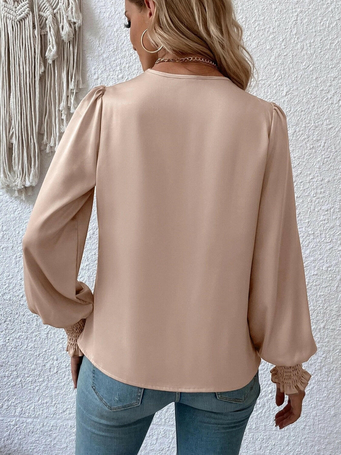 Surplice Smocked Lantern Sleeve Blouse - StyleLure