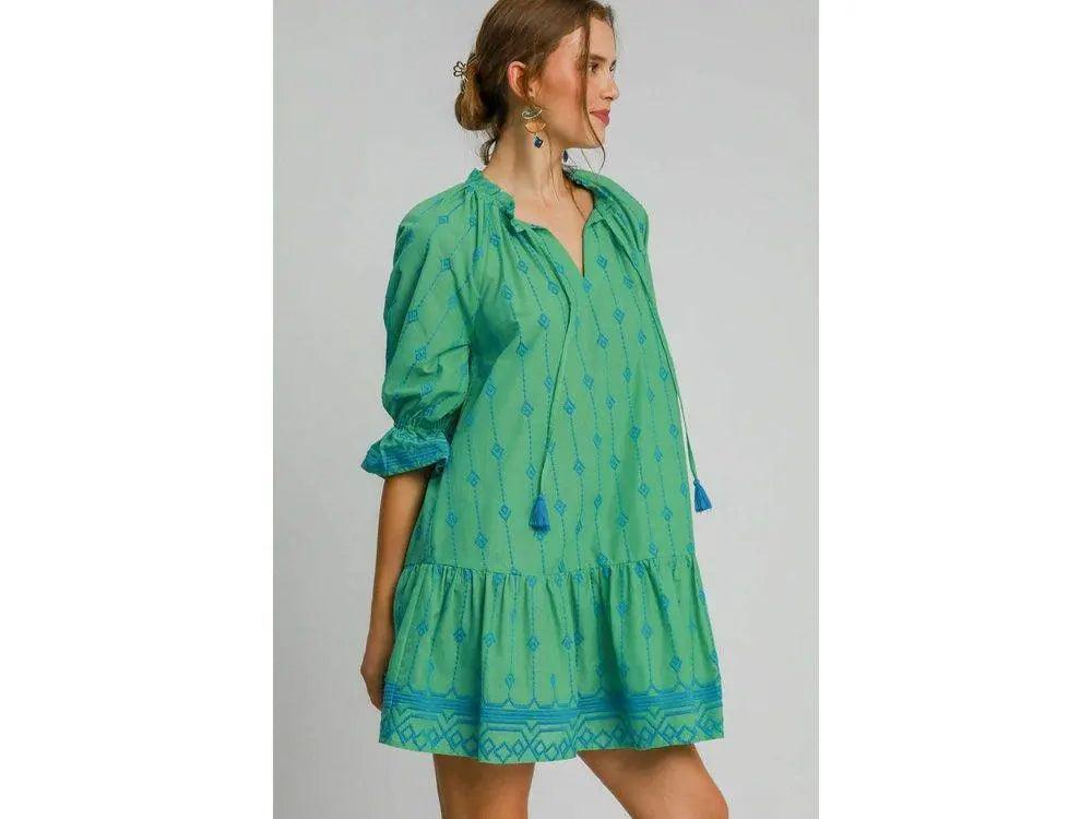 Umgee Full Size Tassel Embroidered Flounce Sleeve Mini Dress Plus Size - StyleLure