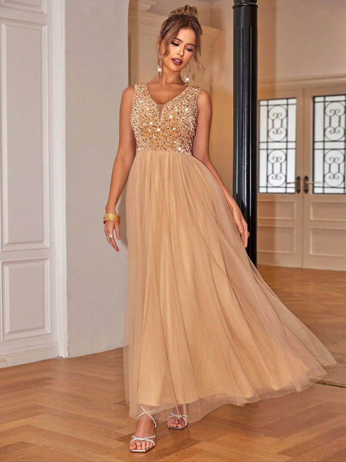 Sequin V-Neck Sleeveless Dress - StyleLure
