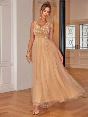 Sequin V-Neck Sleeveless Dress - StyleLure