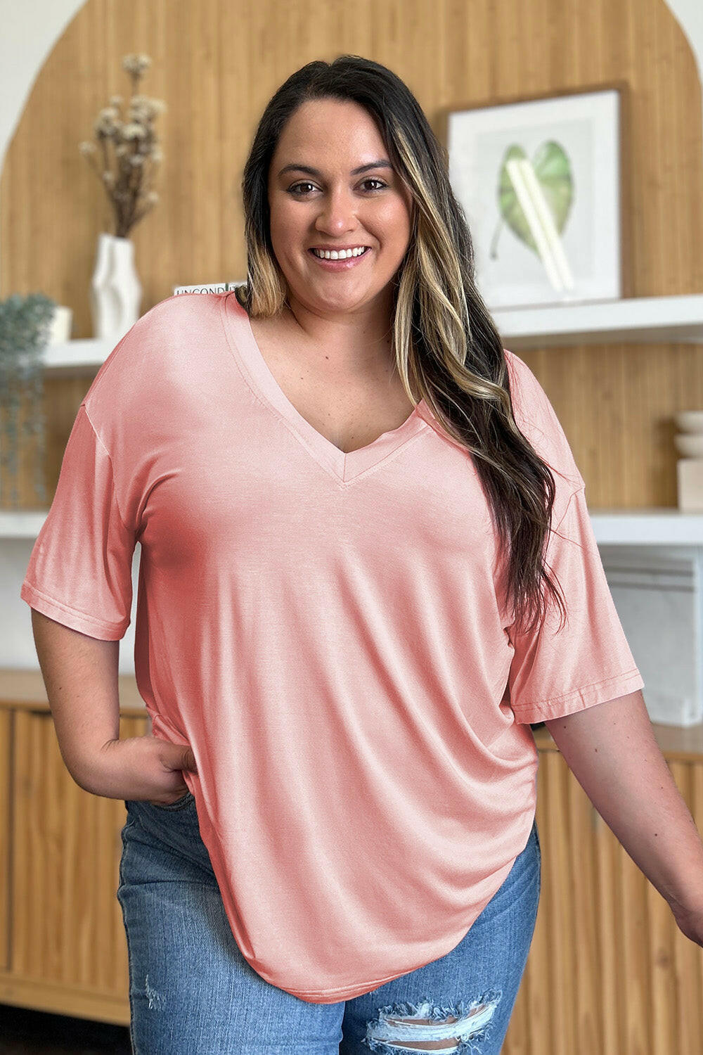 Basic Bae Full Size Bamboo V-Neck Drop Shoulder T-Shirt - StyleLure