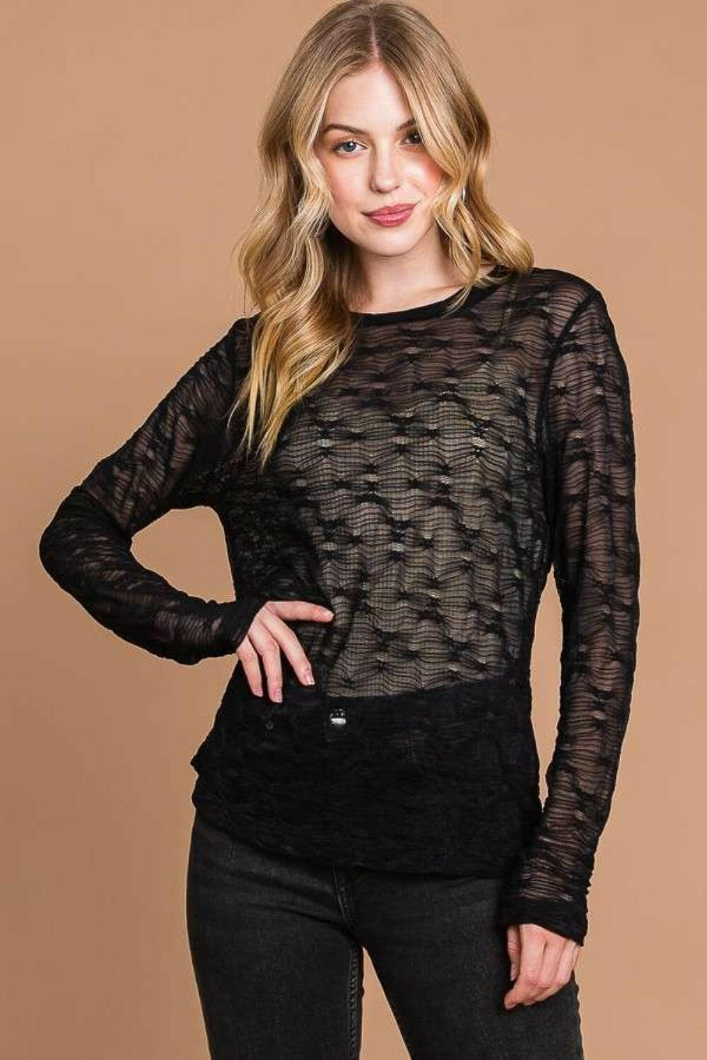 Culture Code Full Size Round Neck Mesh Perspective Top - StyleLure