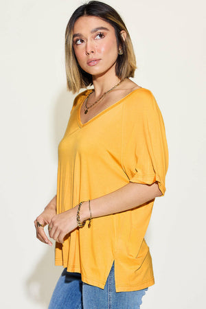 Basic Bae Full Size Bamboo Slit V-Neck Short Sleeve T-Shirt - StyleLure