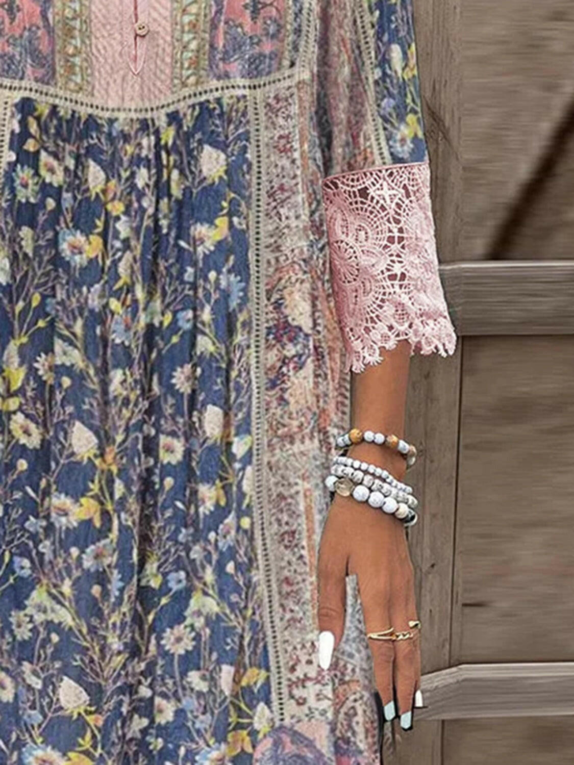 Full Size Lace Detail Printed Three-Quarter Sleeve Dress - StyleLure