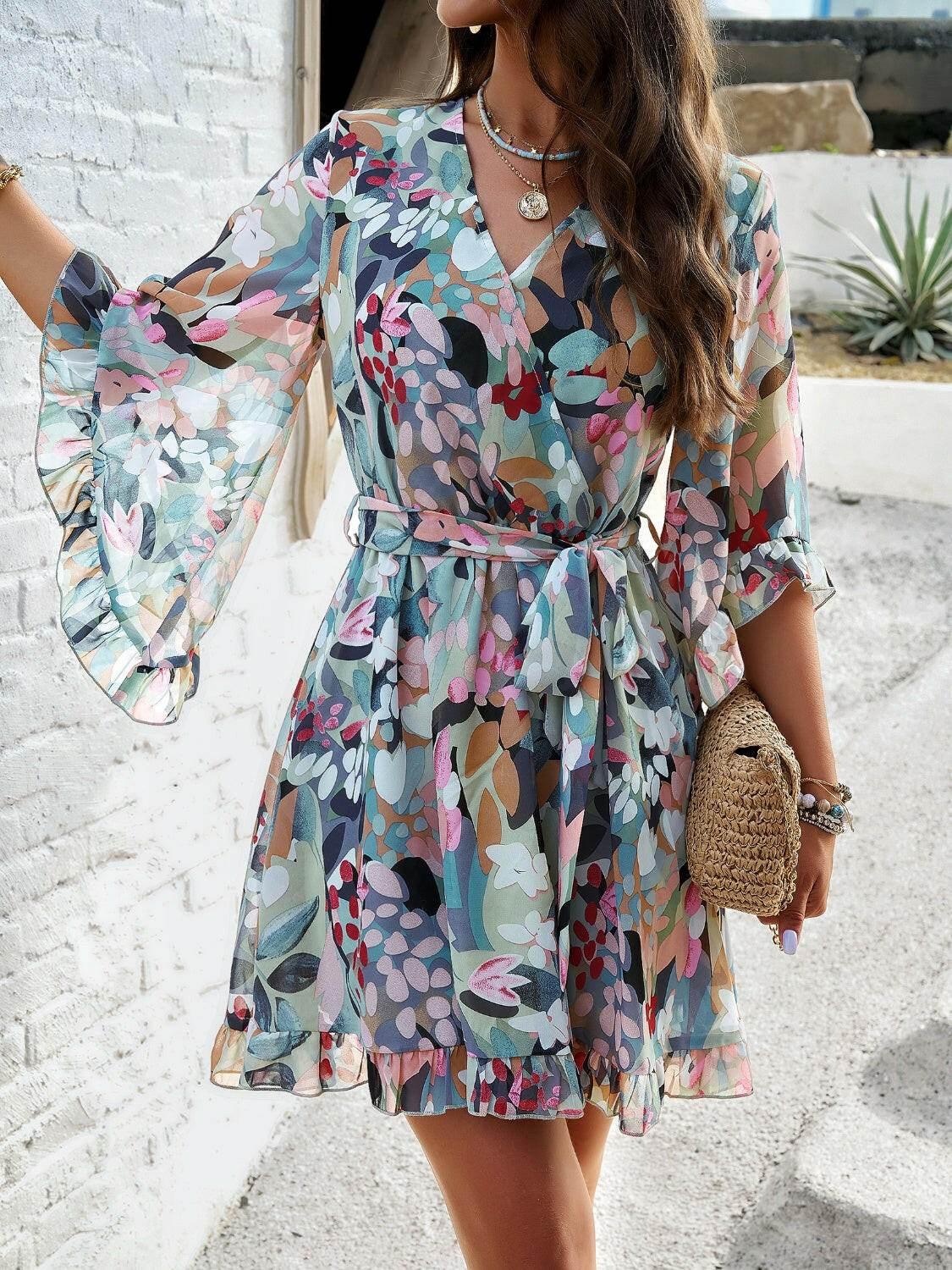 Devine Ruffled Printed Surplice Half Sleeve Mini Dress - StyleLure