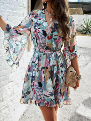 Devine Ruffled Printed Surplice Half Sleeve Mini Dress - StyleLure