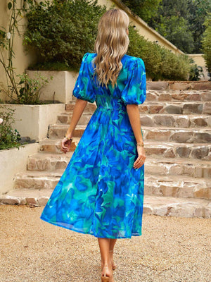 Devine Smocked Printed V-Neck Half Sleeve Midi Dress - StyleLure