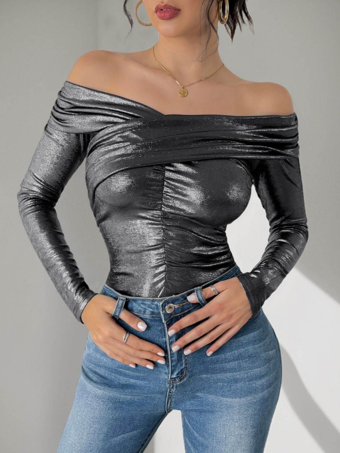 Perfee Ruched Off-Shoulder Long Sleeve Bodysuit - StyleLure