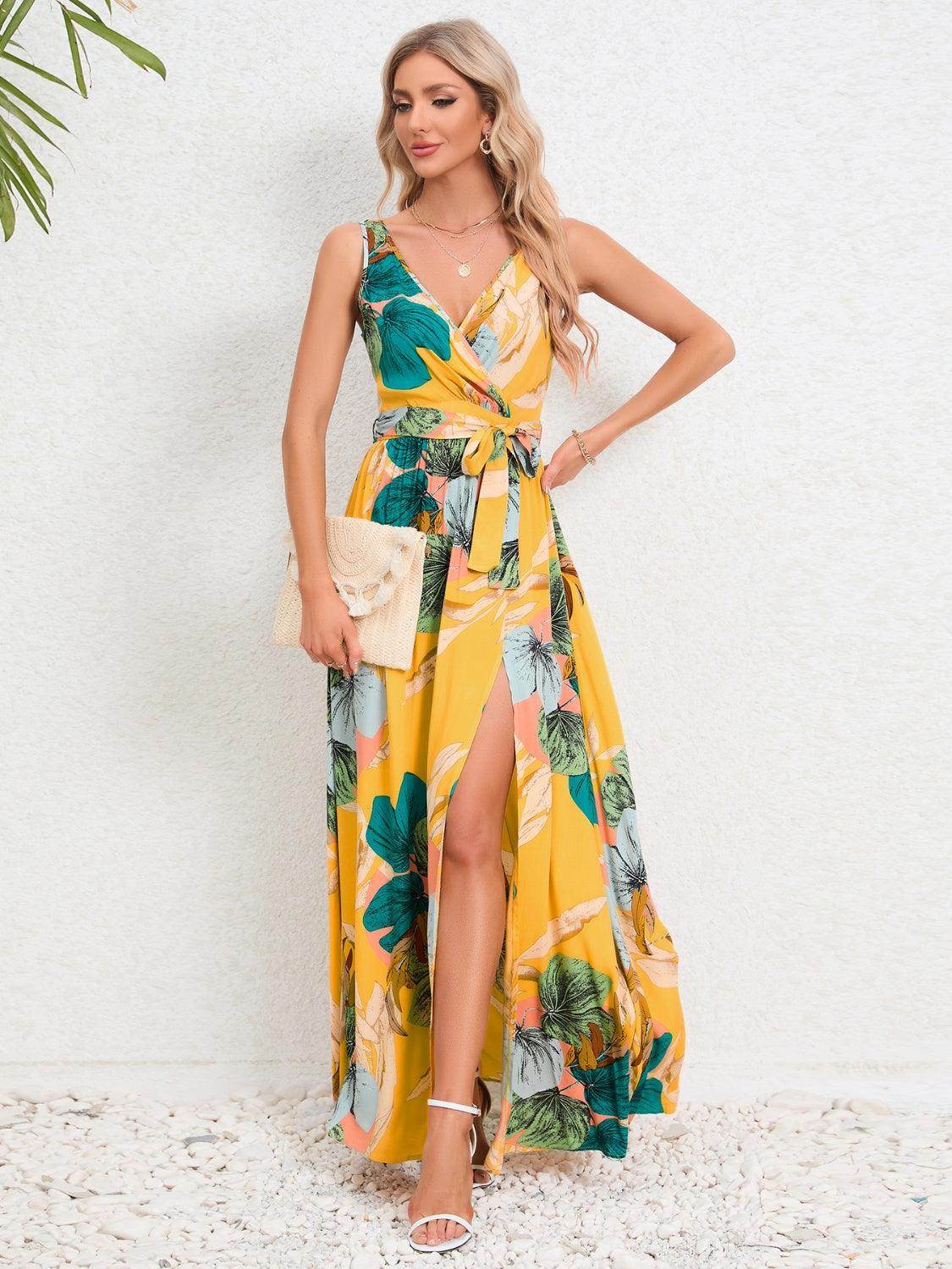 Slit Tied Printed Surplice Dress - StyleLure