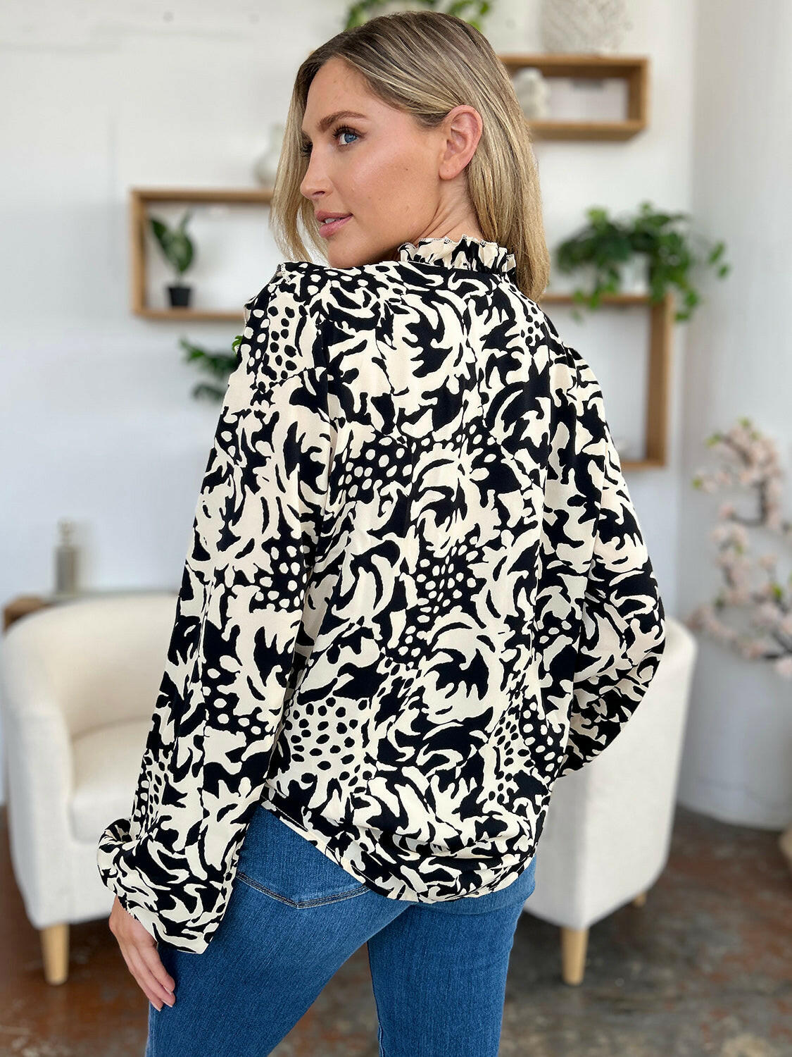 Double Take Full Size Printed Ruffle Trim Balloon Sleeve Shirt - StyleLure