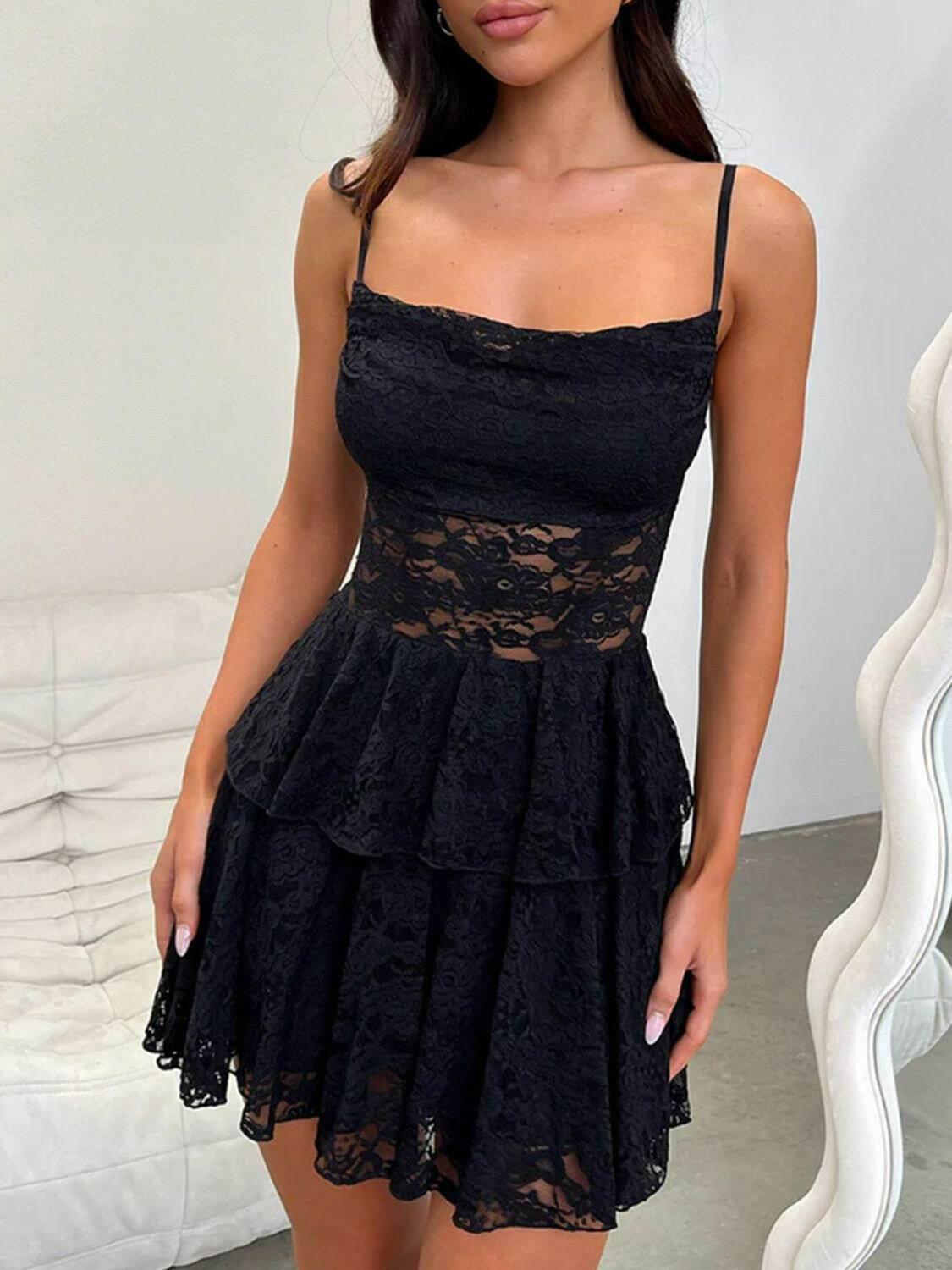 Devine Lace-Up Layered Lace Mini Cami Dress - StyleLure