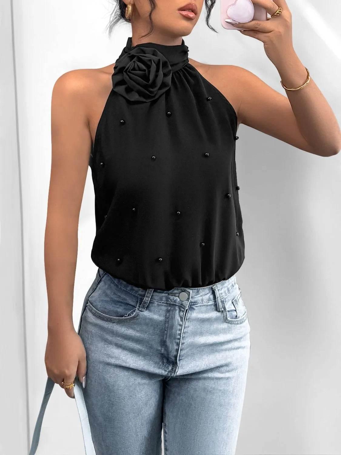 3D Flower Grecian Neck Bodysuit - StyleLure