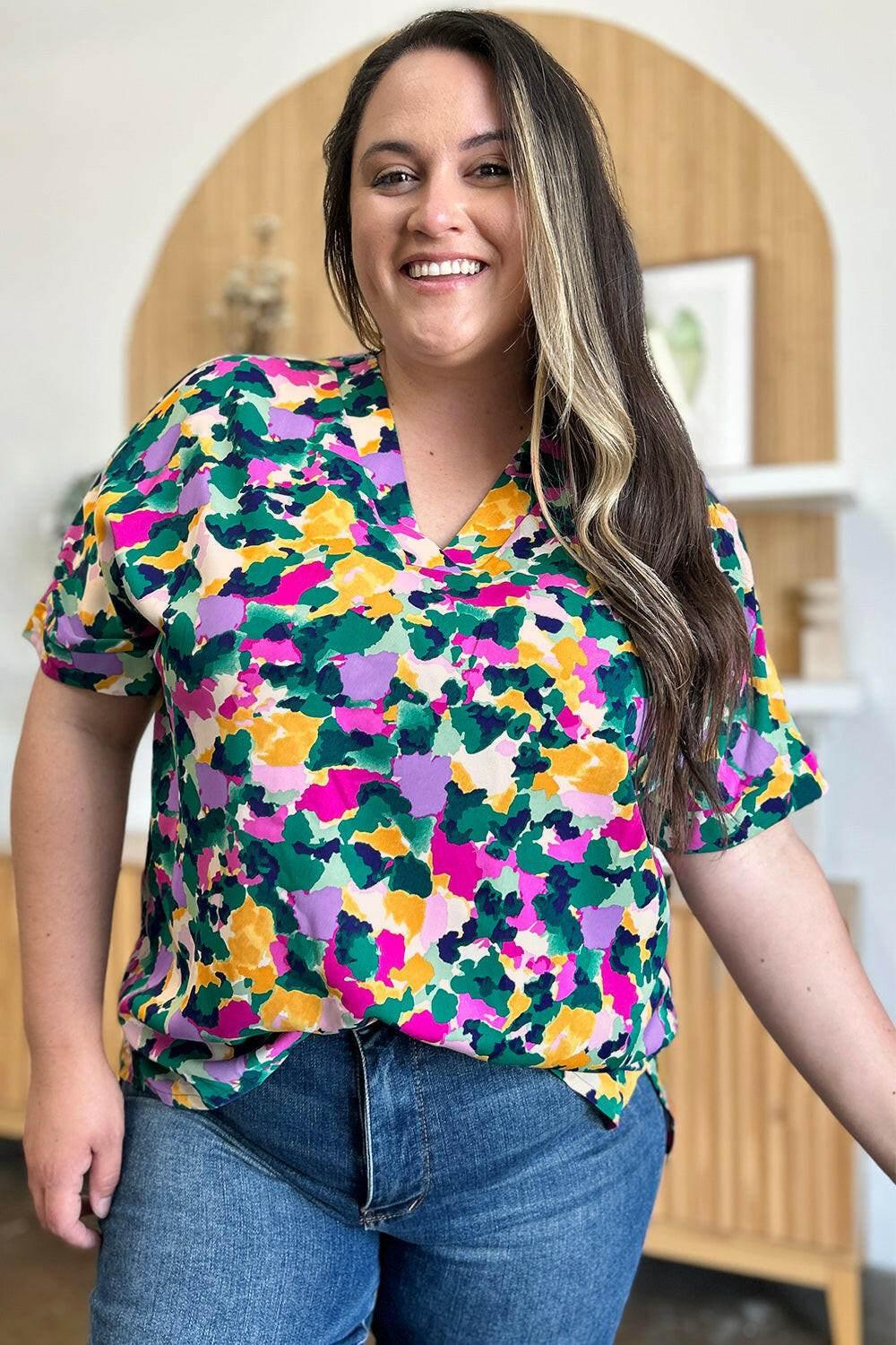 Double Take Full Size Printed V-Neck Short Sleeve Side Slit Top - StyleLure