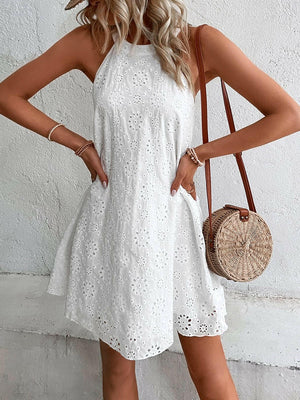 Eyelet Grecian Neck Mini Dress - StyleLure